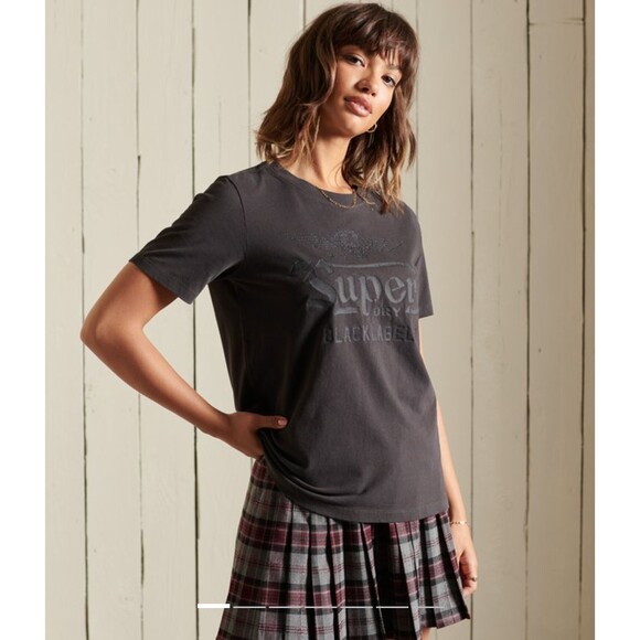 Superdry Black Label T-Shirt Women US 6 Black Out Graphic Logo Short Sleeve Moto - Picture 3 of 16